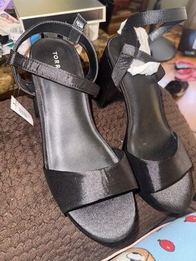 torrid Black Satin Block Heel Sandals with Ankle Strap